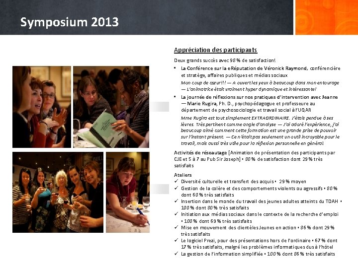 Symposium 2013 Appréciation des participants Deux grands succès avec 98 % de satisfaction! •