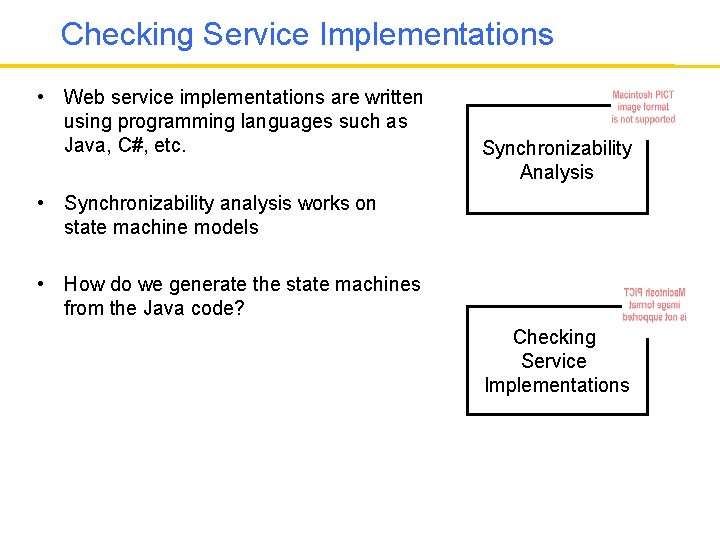 Checking Service Implementations • Web service implementations are written using programming languages such as