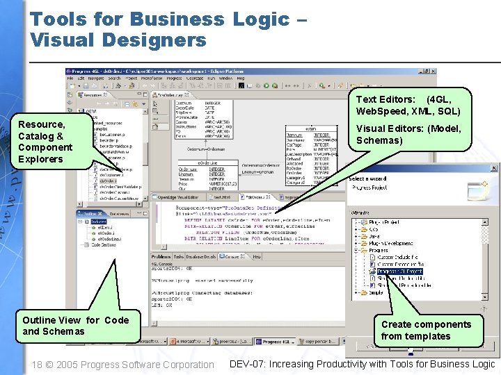 Tools for Business Logic – Visual Designers Text Editors: (4 GL, Web. Speed, XML,