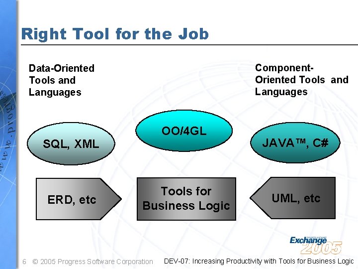 Right Tool for the Job Component. Oriented Tools and Languages Data-Oriented Tools and Languages