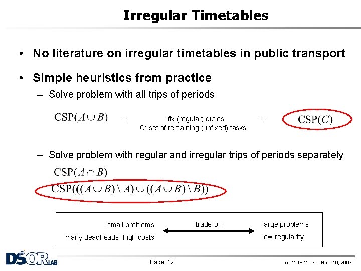 Irregular Timetables • No literature on irregular timetables in public transport • Simple heuristics