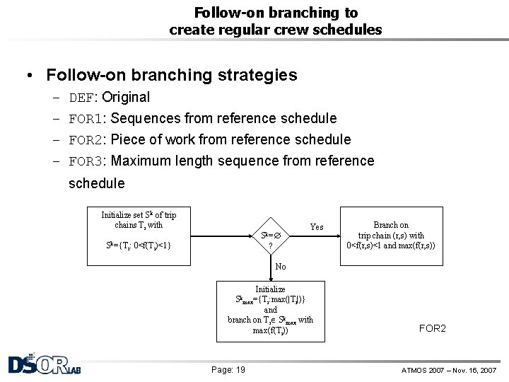 Follow-on branching to create regular crew schedules • Follow-on branching strategies – – DEF: