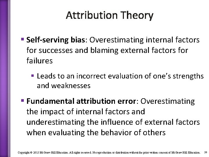 Attribution Theory § Self-serving bias: Overestimating internal factors for successes and blaming external factors