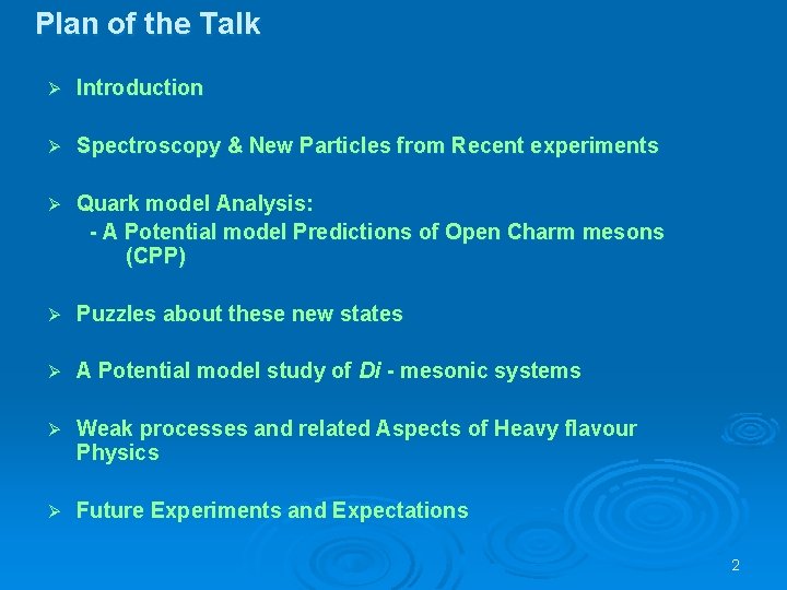 Plan of the Talk Ø Introduction Ø Spectroscopy & New Particles from Recent experiments
