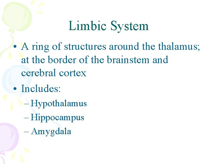 Limbic System • A ring of structures around the thalamus; at the border of