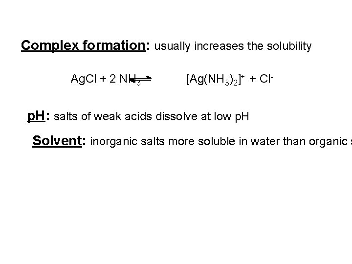 Complex formation: usually increases the solubility Ag. Cl + 2 NH 3 [Ag(NH 3)2]+