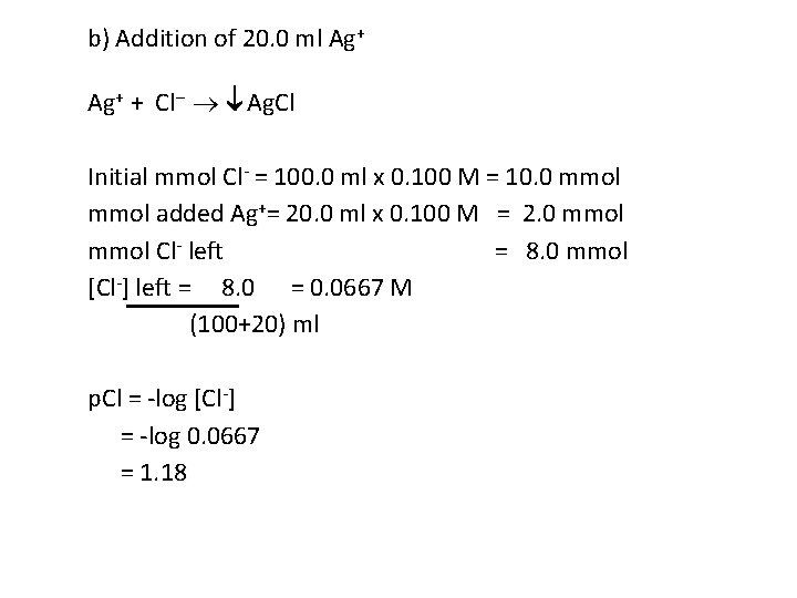 b) Addition of 20. 0 ml Ag+ + Cl– Ag. Cl Initial mmol Cl-