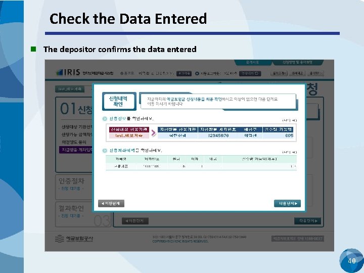 Check the Data Entered n The depositor confirms the data entered 40 