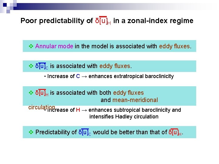Poor predictability of δ[u]H in a zonal-index regime v Annular mode in the model