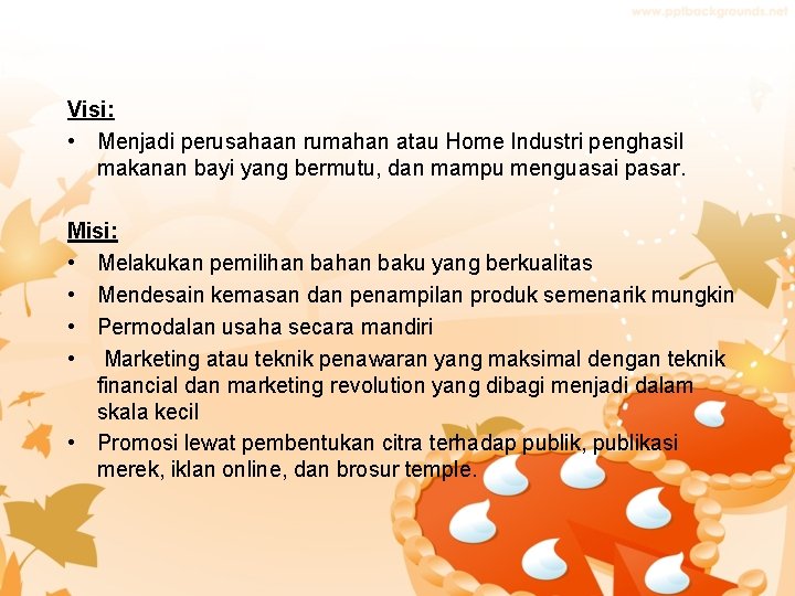 Visi: • Menjadi perusahaan rumahan atau Home Industri penghasil makanan bayi yang bermutu, dan