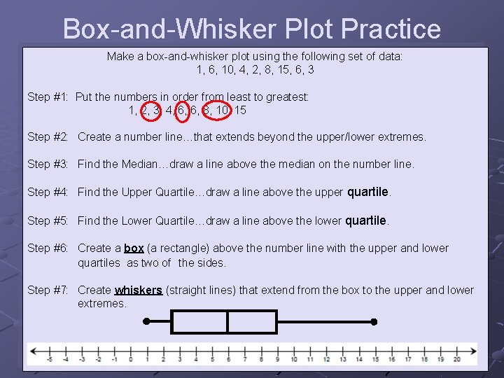 Box-and-Whisker Plot Practice Make a box-and-whisker plot using the following set of data: 1,