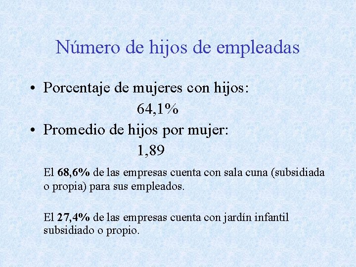 Número de hijos de empleadas • Porcentaje de mujeres con hijos: 64, 1% •