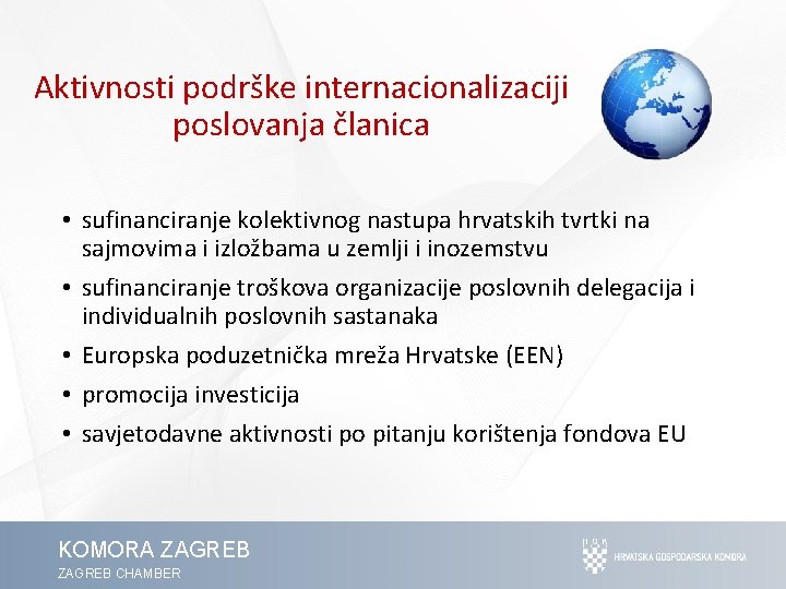 Aktivnosti podrške internacionalizaciji poslovanja članica • sufinanciranje kolektivnog nastupa hrvatskih tvrtki na sajmovima i