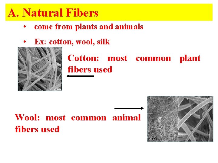 A. Natural Fibers • come from plants and animals • Ex: cotton, wool, silk A. Natural Fibers • come from plants and animals • Ex: cotton, wool, silk