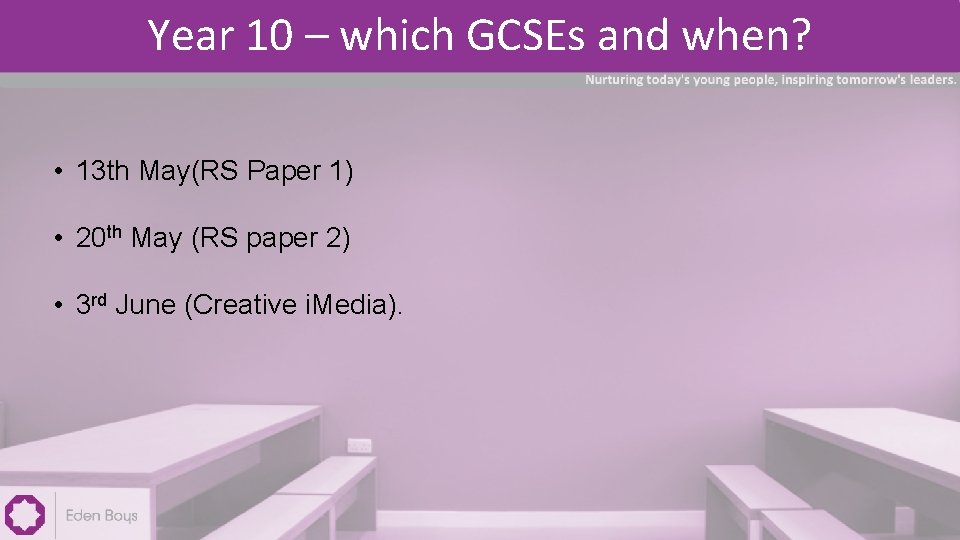 Year 10 – which GCSEs and when? • 13 th May(RS Paper 1) •