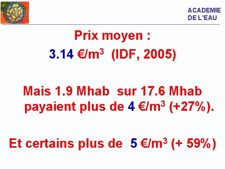 ACADEMIE DE L’EAU Prix moyen : 3. 14 €/m 3 (IDF, 2005) Mais 1.