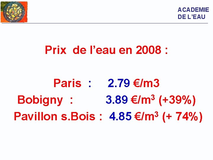 ACADEMIE DE L’EAU Prix de l’eau en 2008 : Paris : 2. 79 €/m