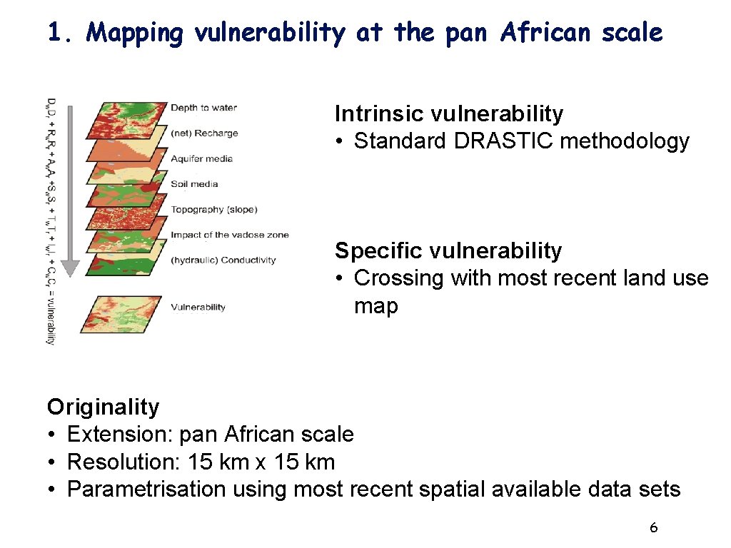 1. Mapping vulnerability at the pan African scale Intrinsic vulnerability • Standard DRASTIC methodology