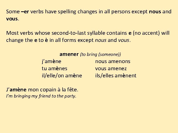 Some –er verbs have spelling changes in all persons except nous and vous. Most