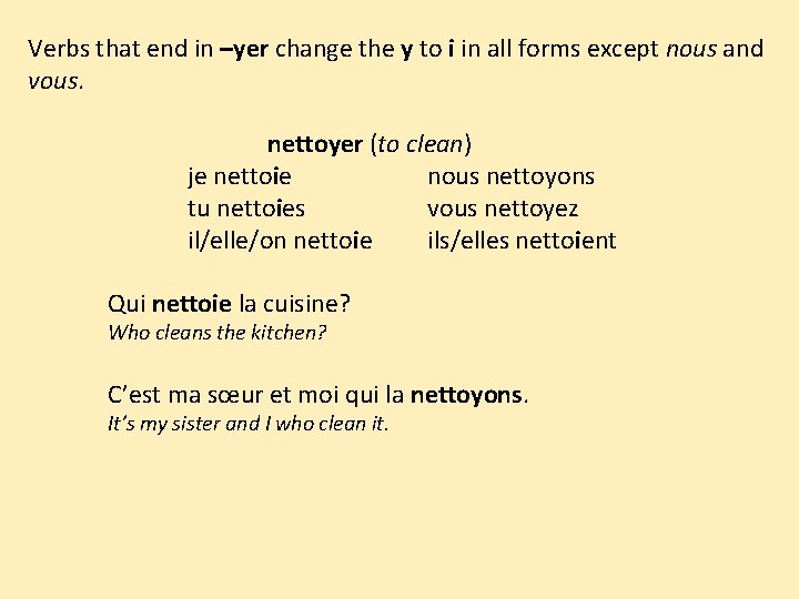 Verbs that end in –yer change the y to i in all forms except