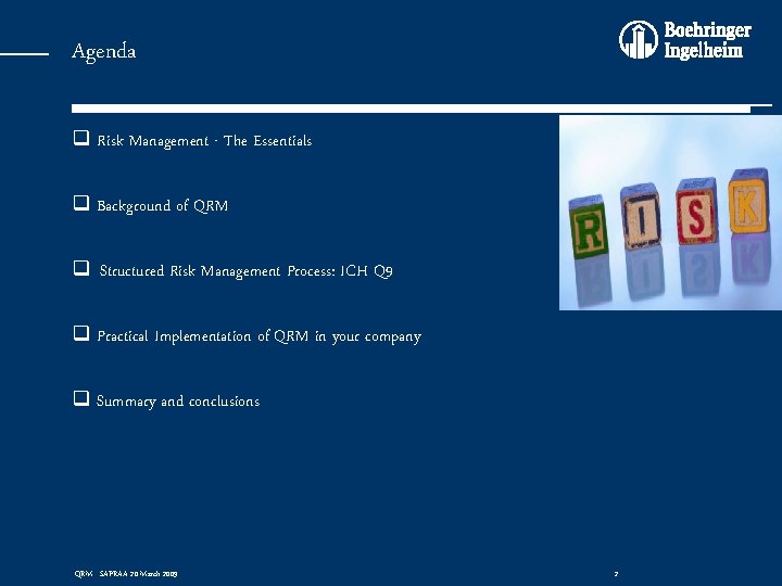 Agenda q Risk Management - The Essentials q Background of QRM q Structured Risk