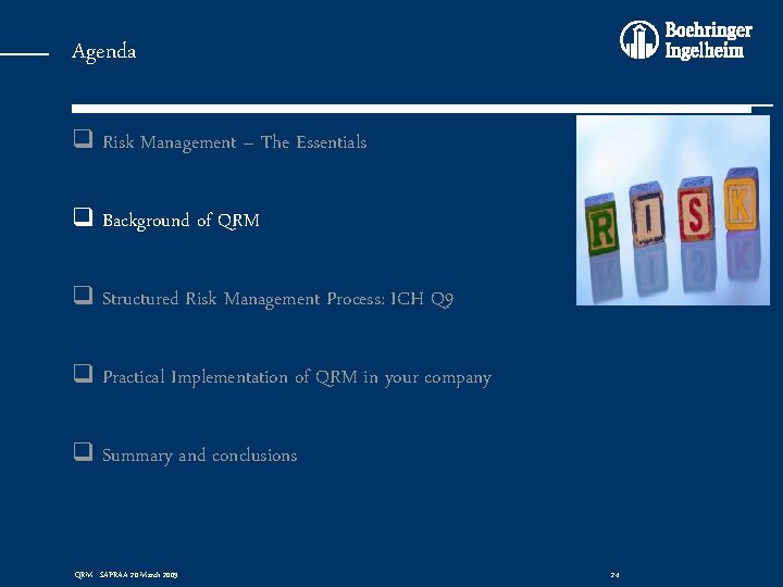 Agenda q Risk Management – The Essentials q Background of QRM q Structured Risk