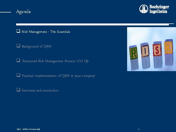 Agenda q Risk Management - The Essentials q Background of QRM q Structured Risk