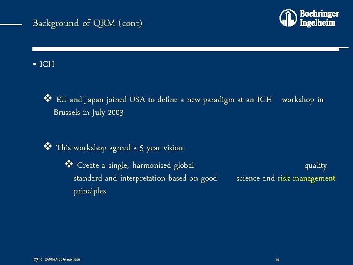 Background of QRM (cont) • ICH v EU and Japan joined USA to define