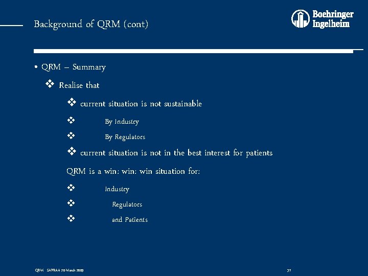 Background of QRM (cont) • QRM – Summary v Realise that v current situation