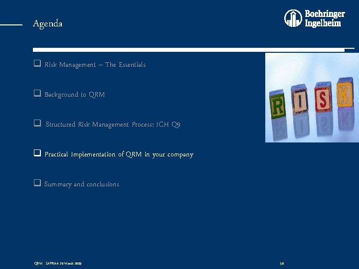 Agenda q Risk Management – The Essentials q Background to QRM q Structured Risk