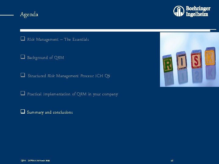 Agenda q Risk Management – The Essentials q Background of QRM q Structured Risk