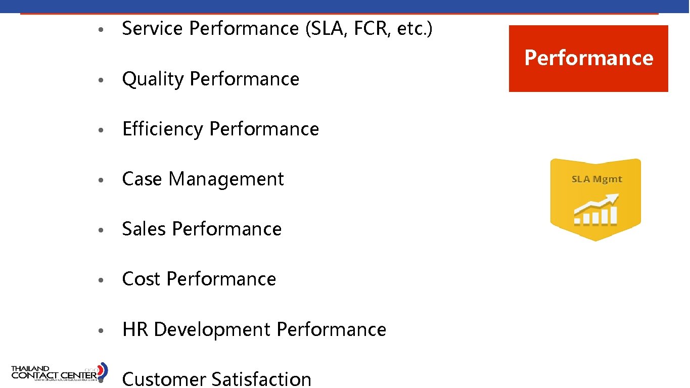  • Service Performance (SLA, FCR, etc. ) Performance • Quality Performance • Efficiency