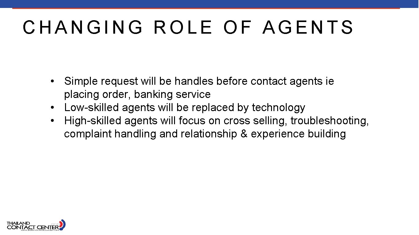 CHANGING ROLE OF AGENTS • Simple request will be handles before contact agents ie