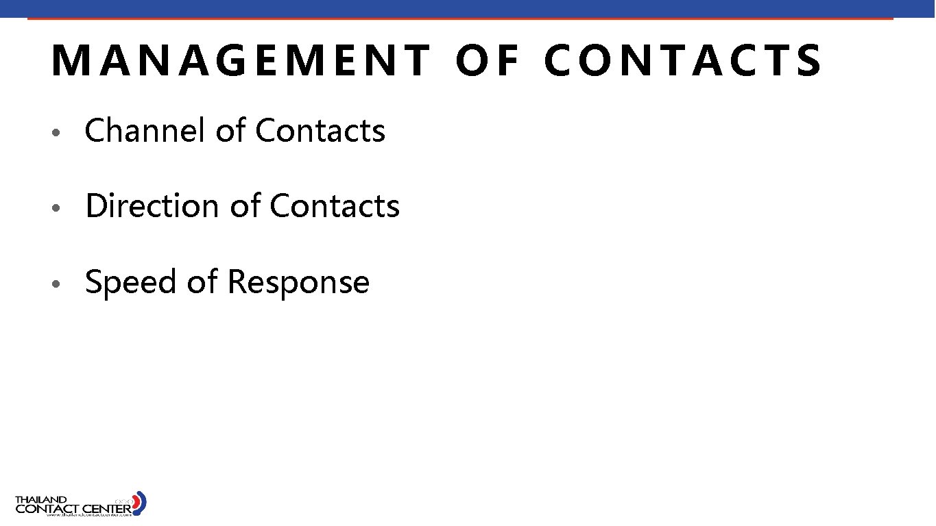 MANAGEMENT OF CONTACTS • Channel of Contacts • Direction of Contacts • Speed of