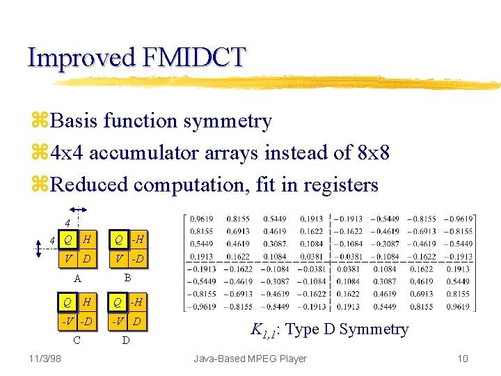 Improved FMIDCT z. Basis function symmetry z 4 x 4 accumulator arrays instead of