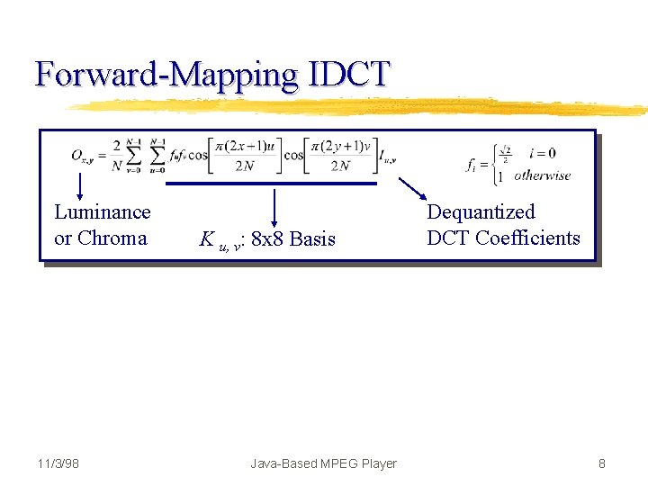 Forward-Mapping IDCT Luminance or Chroma 11/3/98 K u, v: 8 x 8 Basis Java-Based