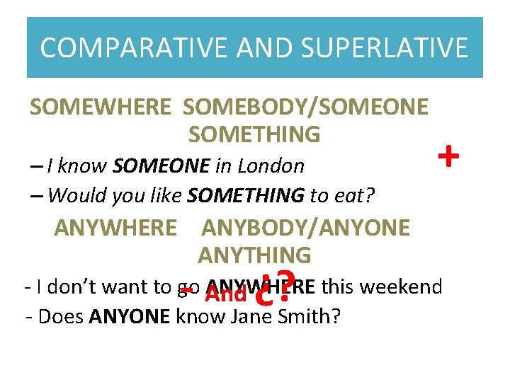 COMPARATIVE AND SUPERLATIVE SOMEWHERE SOMEBODY/SOMEONE SOMETHING – I know SOMEONE in London – Would