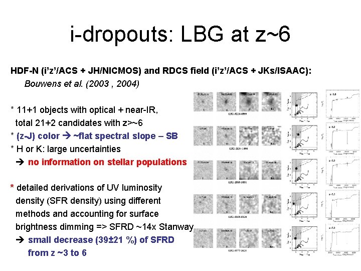 i-dropouts: LBG at z~6 HDF-N (i’z’/ACS + JH/NICMOS) and RDCS field (i’z’/ACS + JKs/ISAAC):