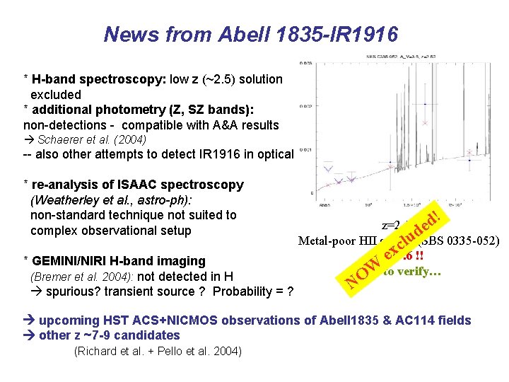 News from Abell 1835 -IR 1916 * H-band spectroscopy: low z (~2. 5) solution