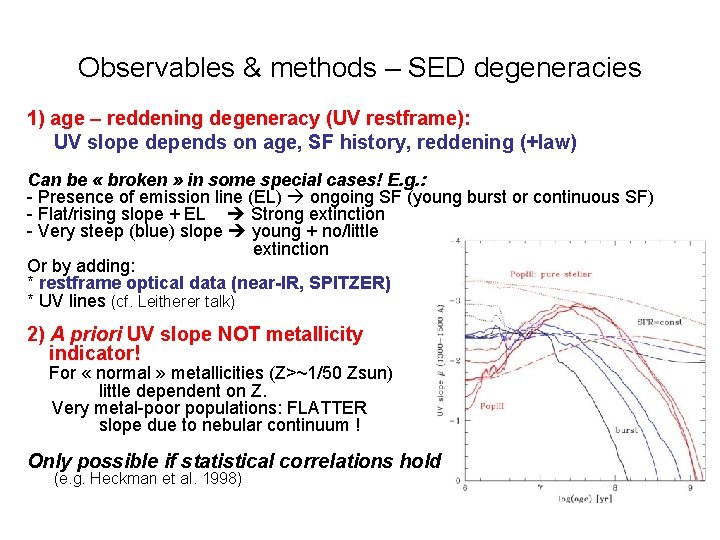 Observables & methods – SED degeneracies 1) age – reddening degeneracy (UV restframe): UV