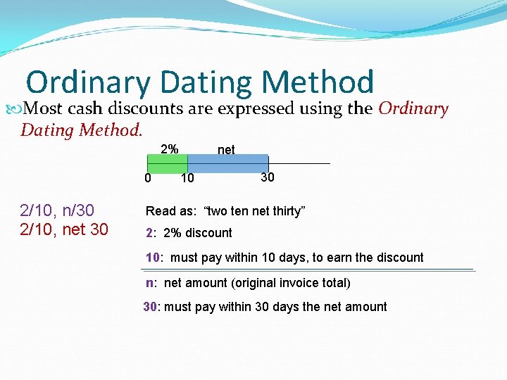 Ordinary Dating Method Most cash discounts are expressed using the Ordinary Dating Method. 2%