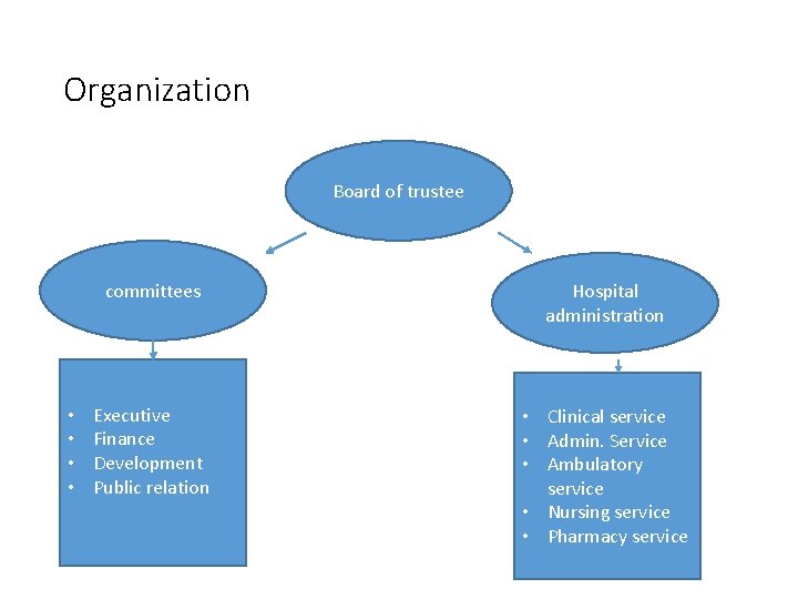 Organization Board of trustee • • committees Hospital administration Executive Finance Development Public relation