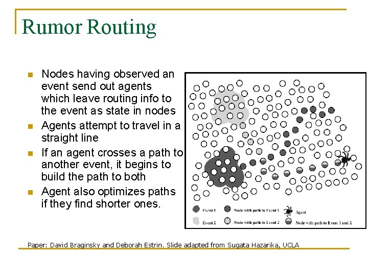 Rumor Routing n n Nodes having observed an event send out agents which leave