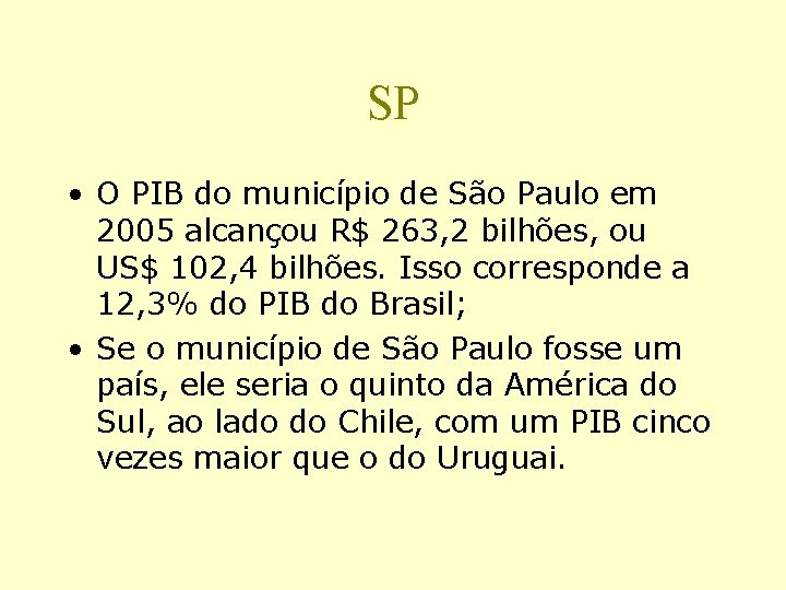 SP • O PIB do município de São Paulo em 2005 alcançou R$ 263,
