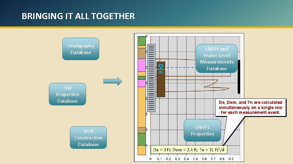 BRINGING IT ALL TOGETHER Stratigraphy Database LNAPL and Water Level Measurements Database Soil Properties