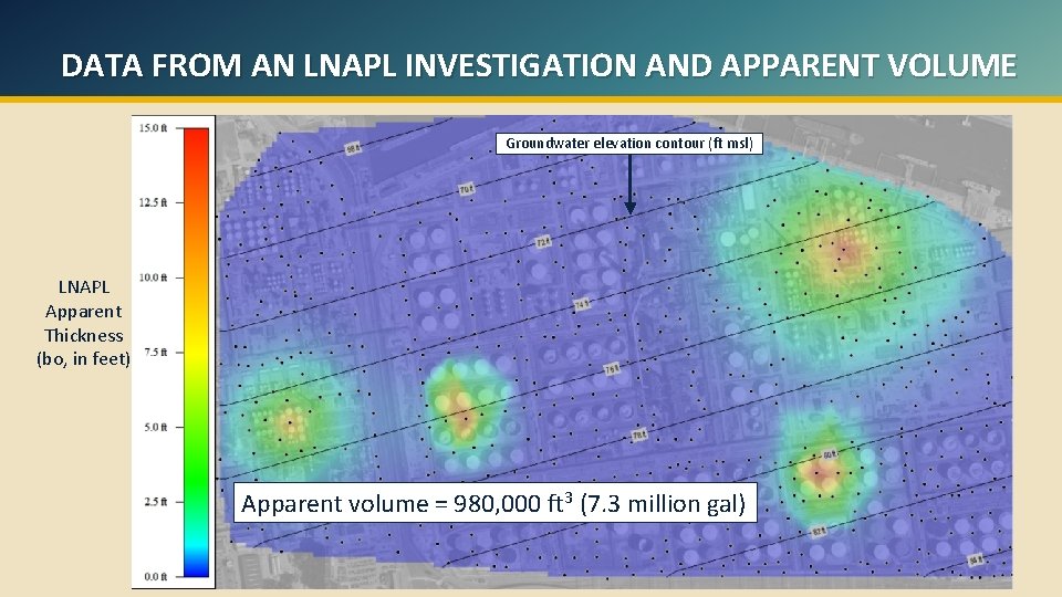 DATA FROM AN LNAPL INVESTIGATION AND APPARENT VOLUME Groundwater elevation contour (ft msl) LNAPL