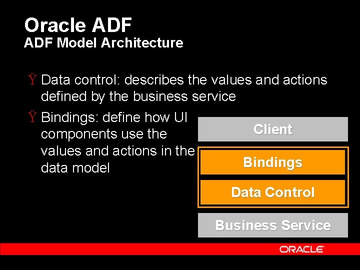 Oracle ADF Model Architecture Ÿ Data control: describes the values and actions defined by