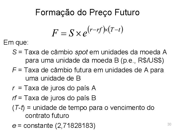 Formação do Preço Futuro Em que: S = Taxa de câmbio spot em unidades