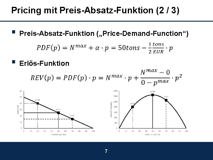 Pricing mit Preis-Absatz-Funktion (2 / 3) § Preis-Absatz-Funktion („Price-Demand-Function“) § Erlös-Funktion 7 