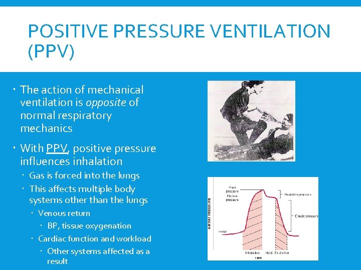 POSITIVE PRESSURE VENTILATION (PPV) The action of mechanical ventilation is opposite of normal respiratory
